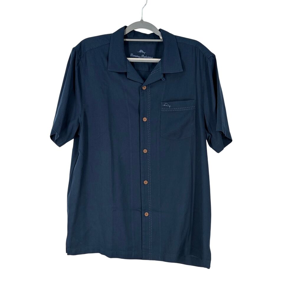 Tommy Bahama Men's Navy Blue Textured Short Sleeve Pocket Button Up Shirt Sz L